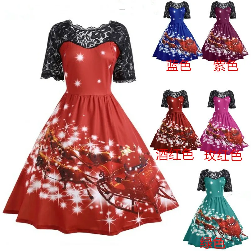 

2021 Cute Style Christmas Cartoon Patchwork Dresses Lace Vintage A-Line Short Ankle-length Print Hot O-neck Dresses