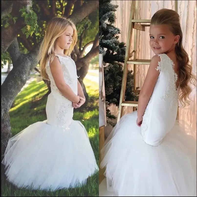 

White Mermaid Flower Girls Dresses for Wedding Party Trumpet Kids Little Girl Pageant Communion Dresses Cute robe fille mariage