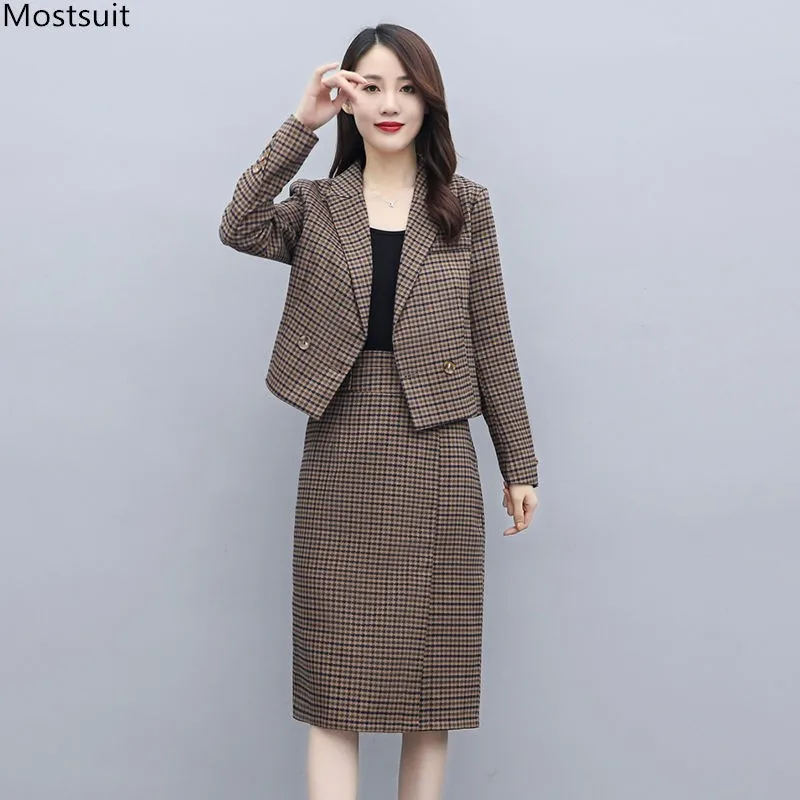 

Autumn Winter Vintage Woolen Houndstooth Blazer Skirt Suits Women 2 Piece Set Long Sleeve Blazer + Split Skirt Outfits