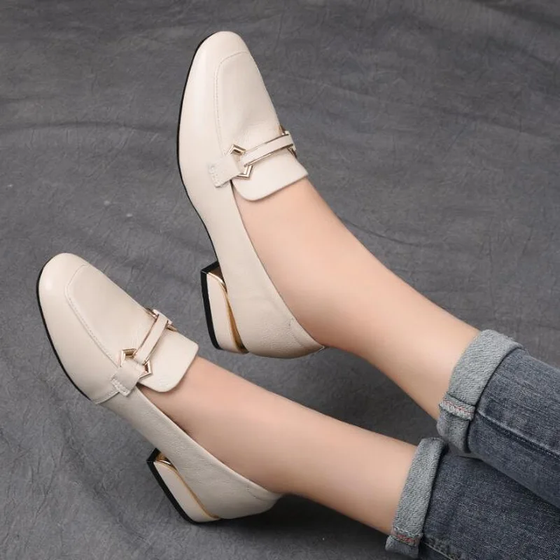 Genuine Leather Female Loafers Slip On Square Toe Flats for Women Black White Casual Shoes Spring Lady Flats