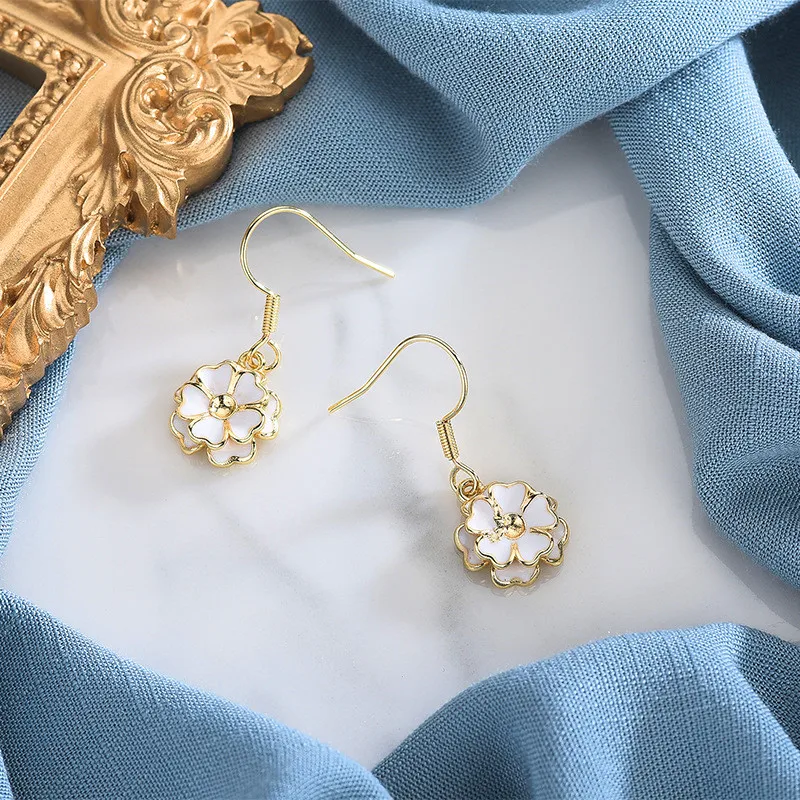 

Luxury Female White Enamel Jewelry Set Charm Gold Color Dangle Earrings For Women Dainty Rose Flower Wedding Chain Necklace Ring