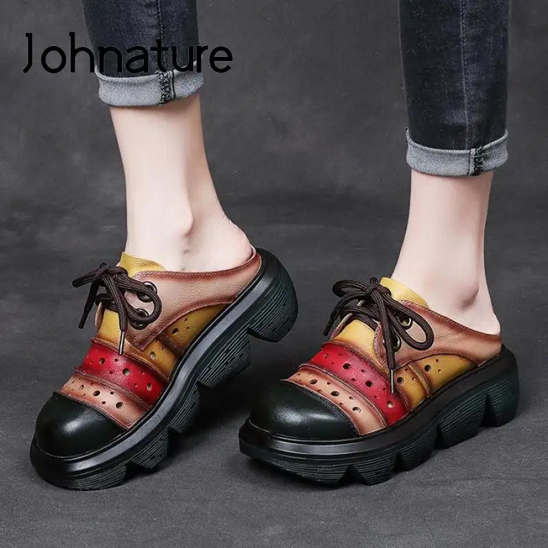 

Johnature Genuine Leather Shoes Women Slippers Mixed Colors 2022 New Summer Outside Slides Retro Handmade Concise Ladies Slipper