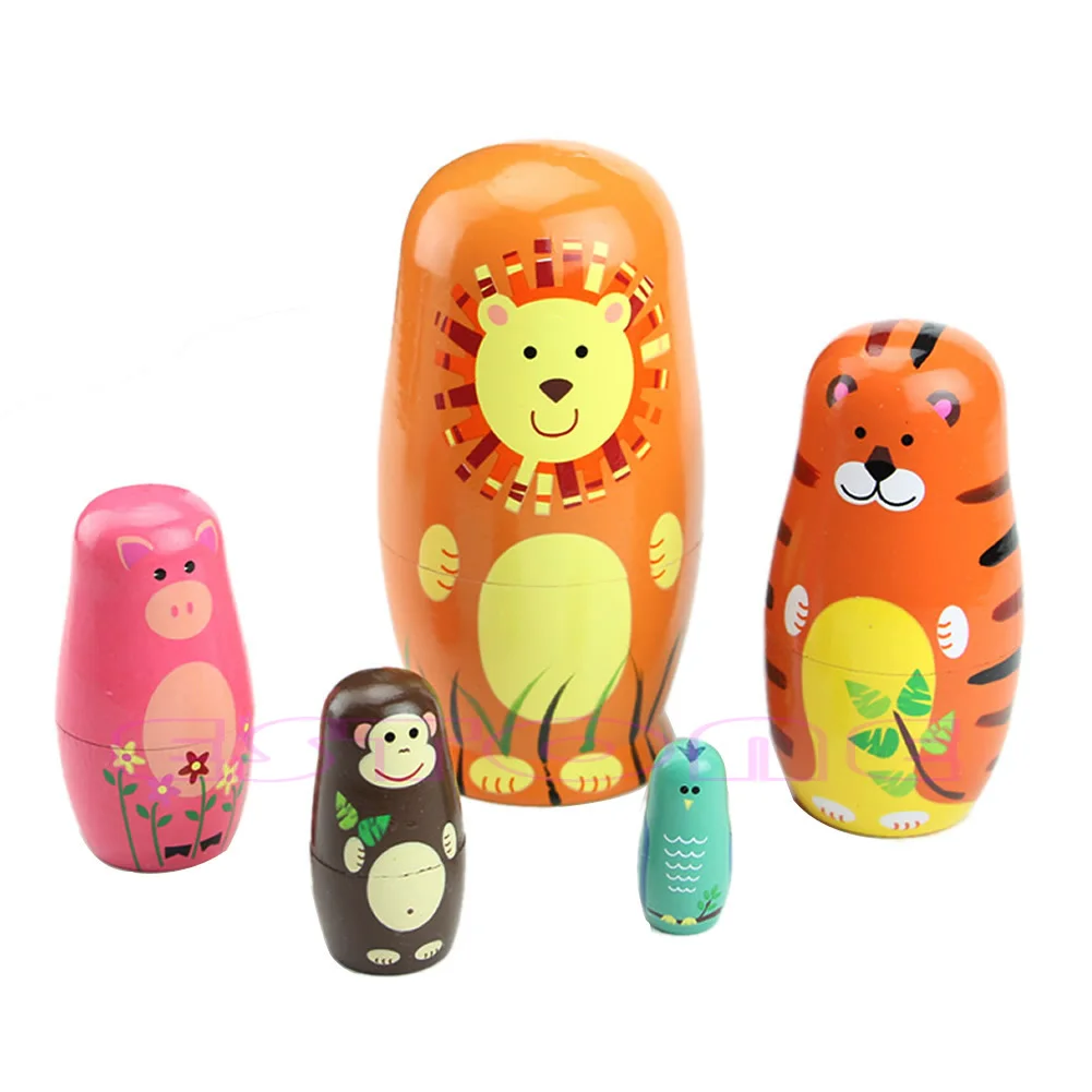 

5Pc Cute Wooden Animal Nesting Dolls Matryoshka Babushka Russian Doll Paint Gift Y4UD