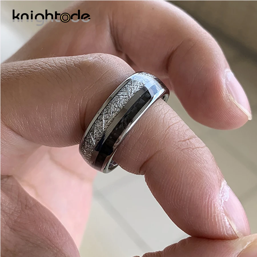 8 мм кольца из карбида вольфрама белый метеорит/Черный инкрустация углеродного