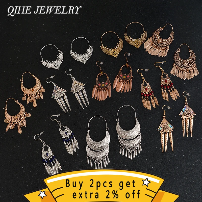 QIHE ювелирные изделия древнее золото серебро Цвет Тибетский филигрань серьги Boho