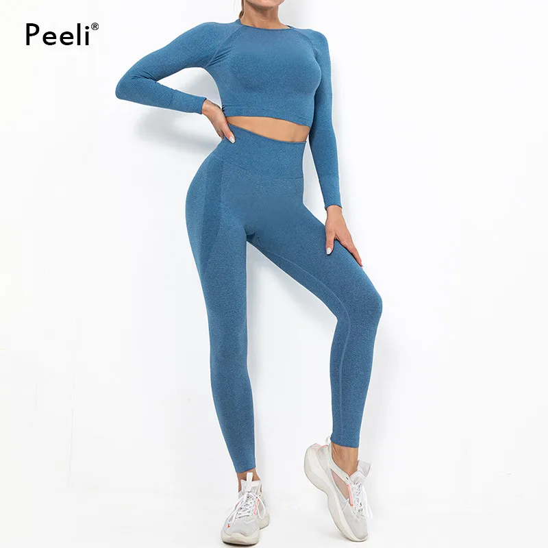 

Seamless Yoga Set Fitness Clothes Gym Set Workout Women Long Sleeve Shirts and High Waist Leggings Sports Suit Crop Tops Pants