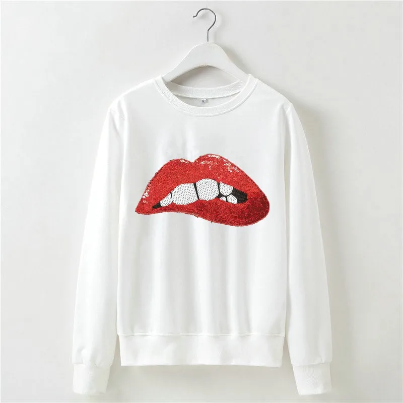 

Sequin Sweatshirt Women Long Sleeve Sequin Red Lips White Black Red Cute Kawaii Harajuku Sweatshirt Chaquetas Mujer Sudadera