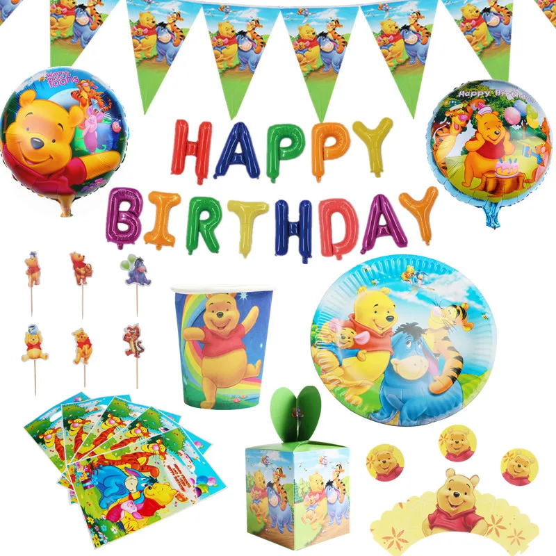 Винни-Пух, украшения для дня рождения, набор одноразовой посуды, тарелка, салфетка, баннер, соломенный шар, Детские принадлежности для душа