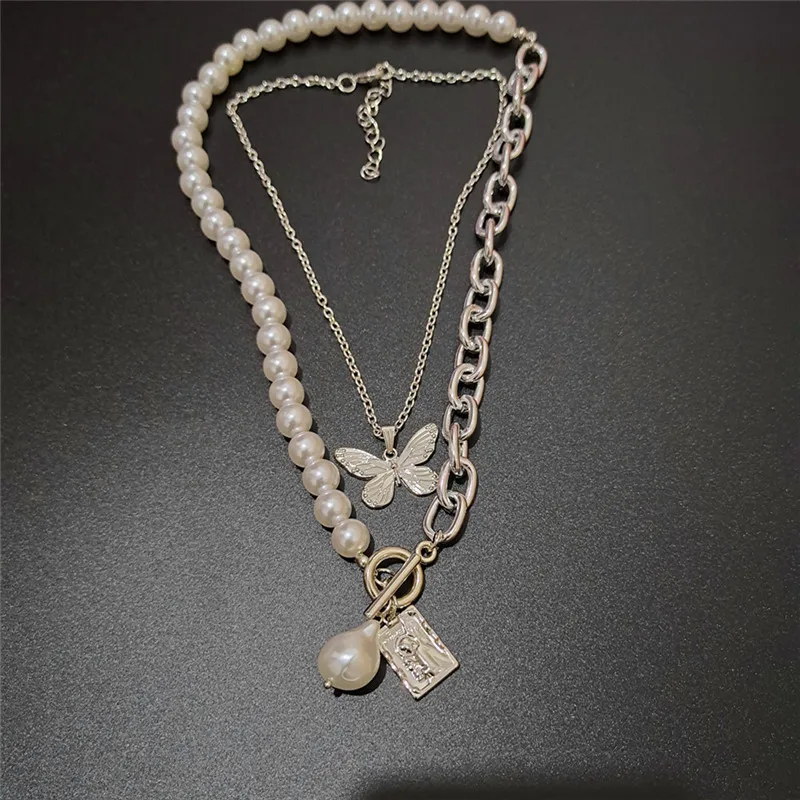 

Goth Baroque Irregular Pearl Square Card Butterflys Pendant Choker Necklace for Women Wedding Punk OT Clasp Snake Chain Necklace
