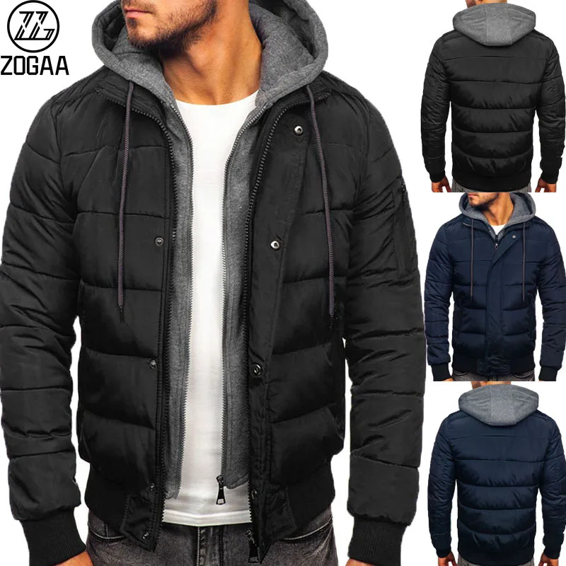 

ZOGAA New Autumn and Winter Men's Cotton-padded Jacket Casual Thick Padded Jacket Fake Two-piece Hooded Jacket