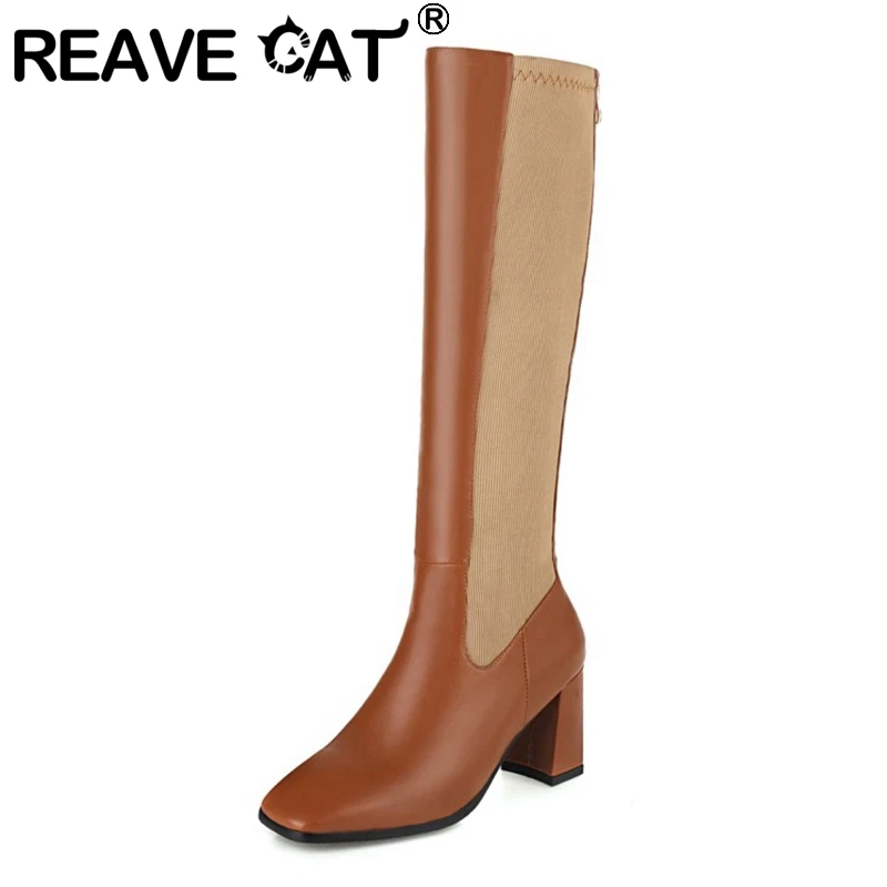

REAVE CAT 2021 Fashion Lady Knee High Boots Knight Zip Patchwork Square Toe 7.5CM Block Heel Size 31-49 Black White Brown A4442