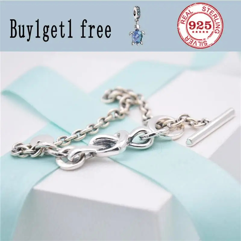 

925 Sterling Silver pan Bracelet Knotted Heart Heart-embellished T-clasp Link Bangle Fit Women Bead Charm Fashion Jewelry