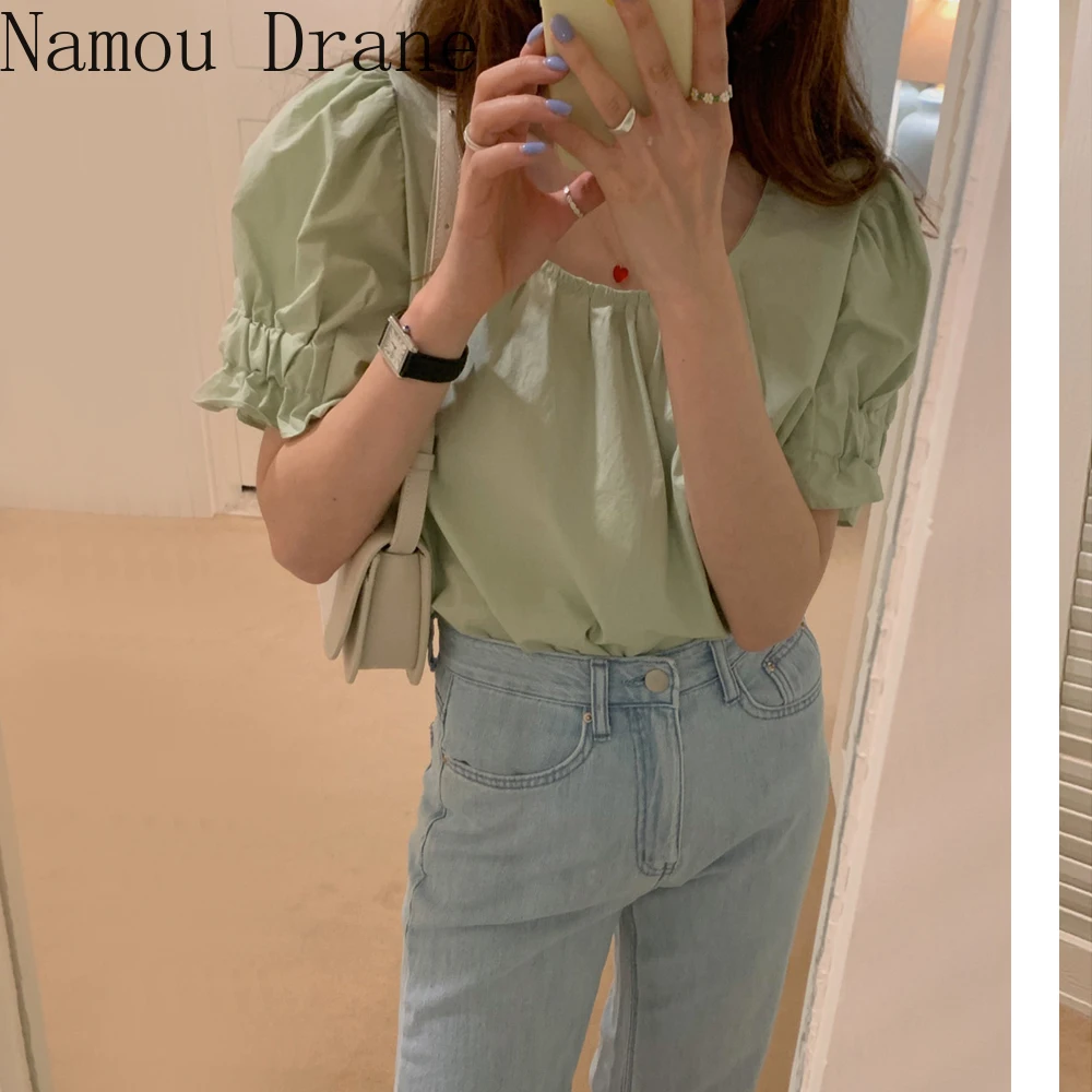 

Korean Chic Women Shirts Puff Short Sleeve O Neck Blusas 2020 Summer Solid Causal Blouses Fashion Ladies Tops