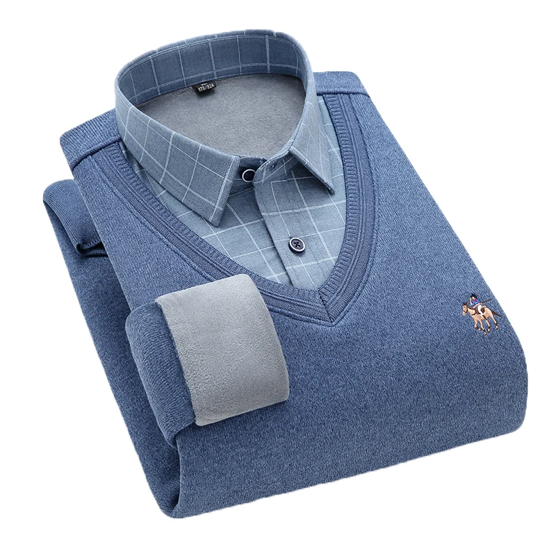 

Aoliwen Brand Men new winter solid color plus velvet knitted vest Men thickened warm hood long sleeve casual embroidered shirts