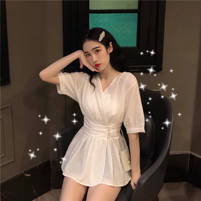 

Women's 2020 women's summer V-neck waist thin shirt women blouse