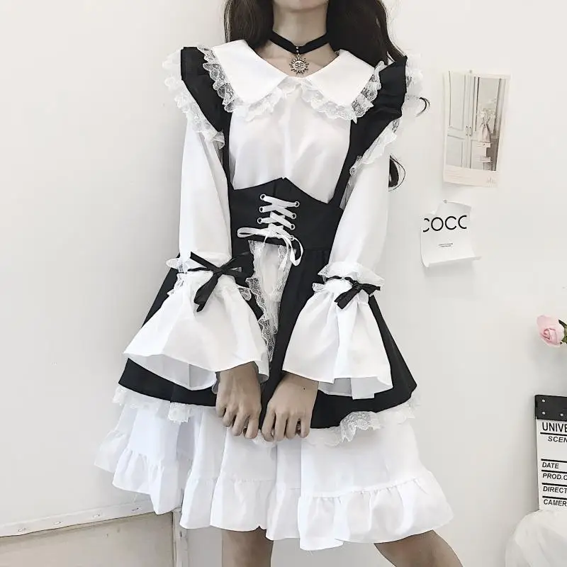 Купи Anbenser Black And White Gothic Style Maid Costume Puff Sleeve Lolita Dress Cute Japanese Costume Sexy Cosplay Party Dress за 2,454 рублей в магазине AliExpress