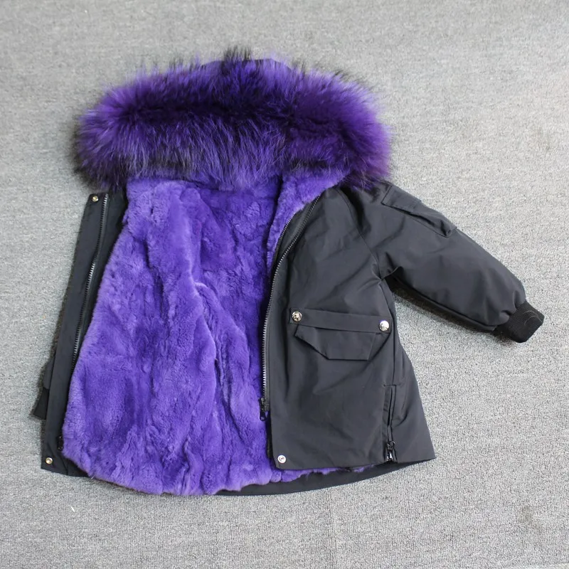 black purple fur Для маленьких мальчиков детская зимняя куртка, детская куртка-пуховик для девочек зимняя куртка для детей в Зимняя куртка для девочек и мальчиков детские линией натурального меха кролика, парка, пальто - Цвет: black purple fur