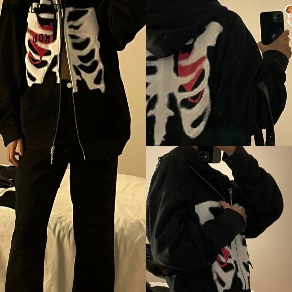

Zip-up Y2K Harajuku Korean Style Loose Skull Print Goth Grunge Long-sleeved Student Girl Top Hooded Coat Solid Color Retro Shirt