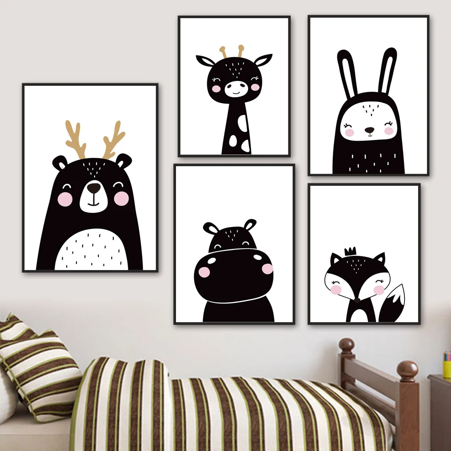 

Black White Bear Deer Giraffe Rabbit Fox Hippo Wall Art Canvas Painting Nordic Posters And Prints Wall Pictures Kids Room Decor