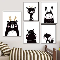 black white bear deer giraffe rabbit fox hippo wall art canvas painting nordic posters and prints wall pictures kids room decor
