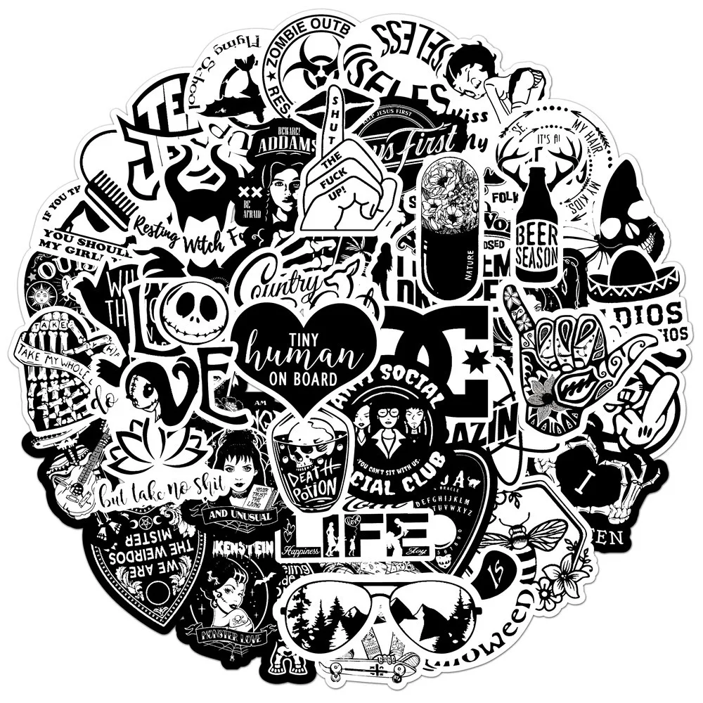 

10/30/50PCS Black and White Punk Graffiti Sticker Waterproof Removable Luggage Compartment Notebook Refrigerator HelmetWholesale