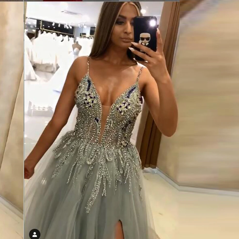 

abiye Split Pregnant Evening Dress Beads abito da sera robe de soiree Crystals Formal Dresses Gray Tulle Spaghetti abendkleider