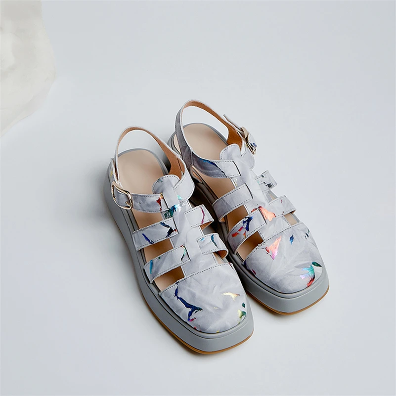 

Meotina Genuine Leather Sandals Gladiator Shoes Women CutOut Flat Platform Sandals Summer Buckle Ladies Footwear 2021 New Gray