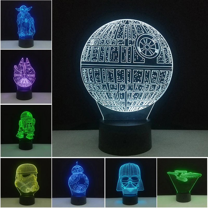 Звездные войны лампа Звезда смерти 3D ночные светильники BB-8 R2D2 Мастер Йода USB красочные светодиодные настольные лампы для спальни домашний декор подарки