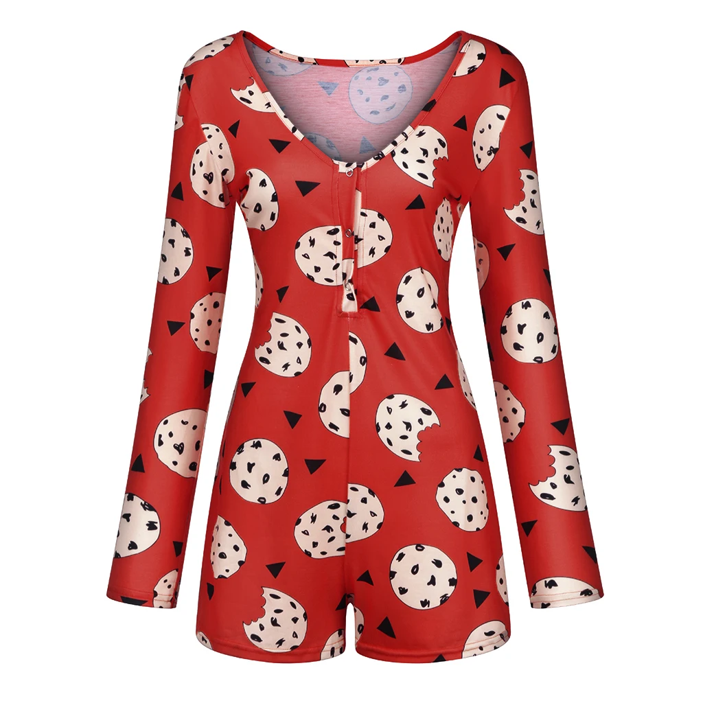 

New Sexy Women Deep V-neck Bodycon Sleepwear Jumpsuit Shorts Romper Bodysuit Leotard Long Sleeve Print Buttons Bodysuit