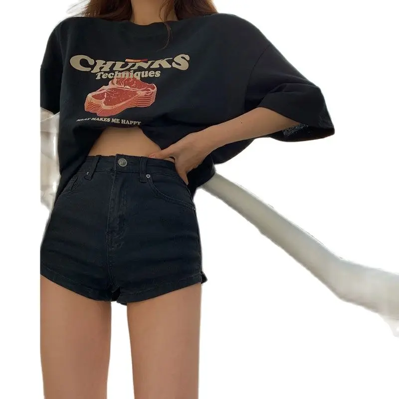 

American retro oversize short-sleeved T-shirt women's 2021 summer new lower body missing midi-length top