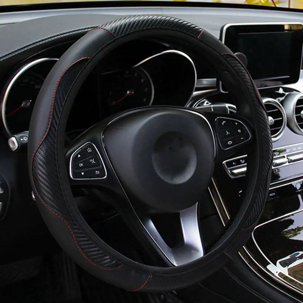 

Universal 37-38CM Black Car Steering Wheel Cover Carbon Fiber Leather Wheel Cover Auto Decoration Interior Accessories
