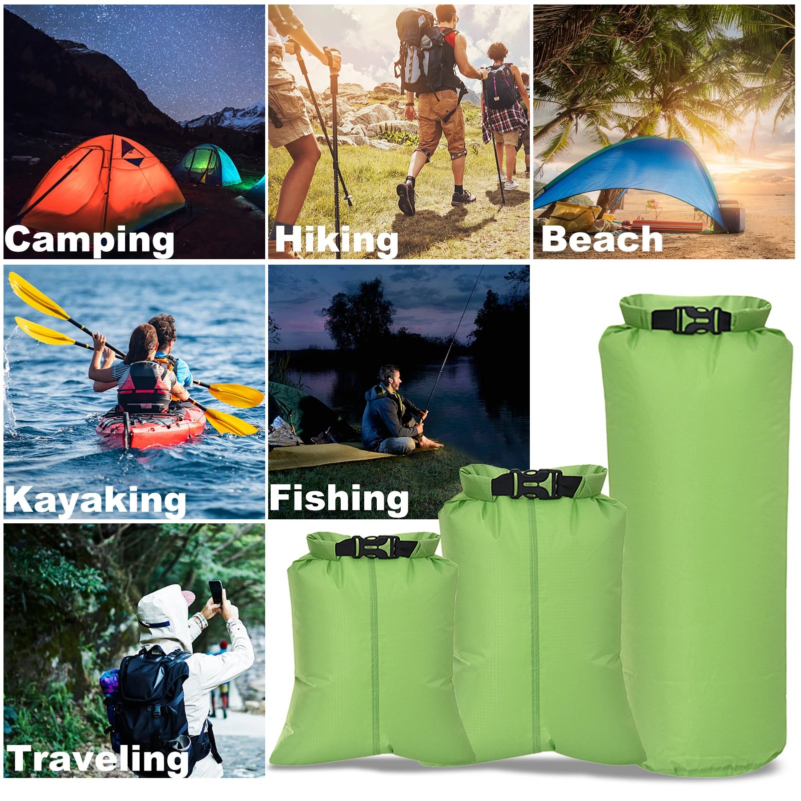

Water Sports 3 Pack Waterproof Bags 3L 7.5L 22L Outdoor Ultralight Roll Top Dry Sacks with Shoulder Strap For Boating Kayaking