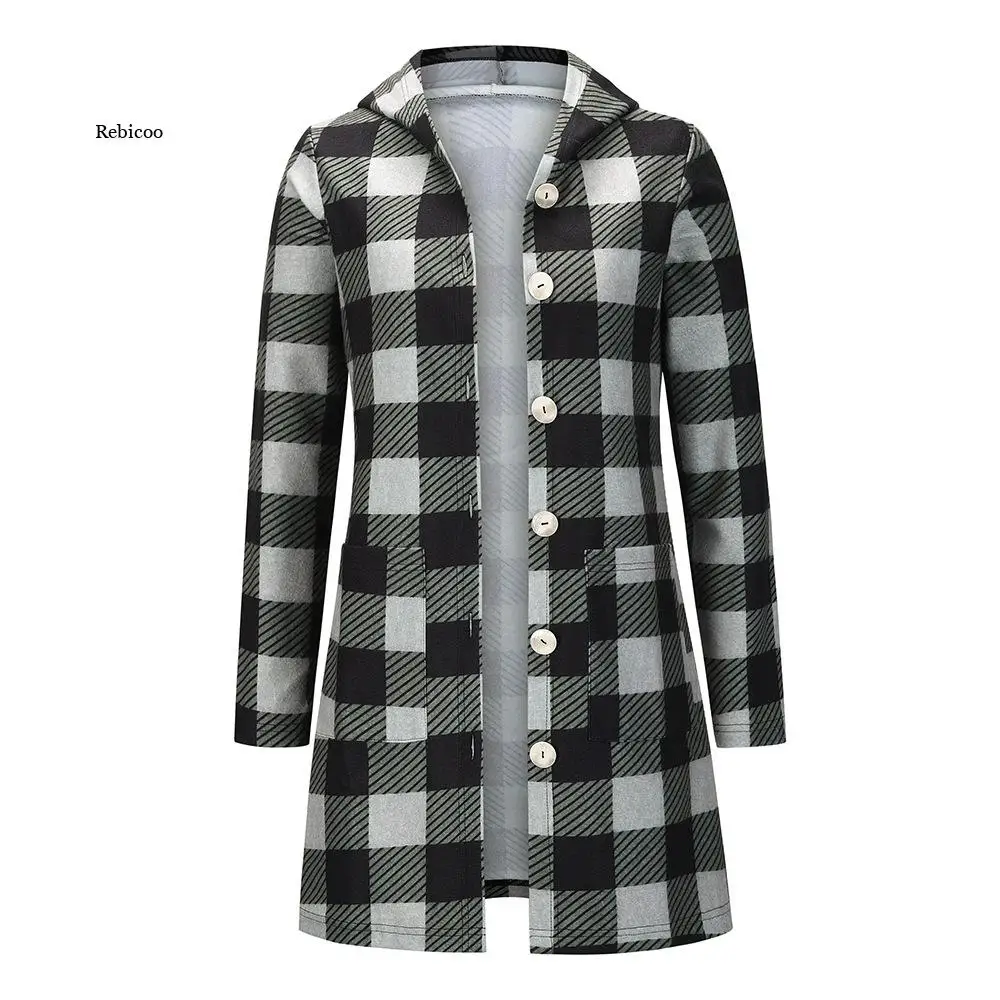 

Women's Long Sleeve Hooded Slim-Fit Shirt New Elegant Style Plaid Mid-Length Top Women's Casual Clothing Pocket Coat Autumn