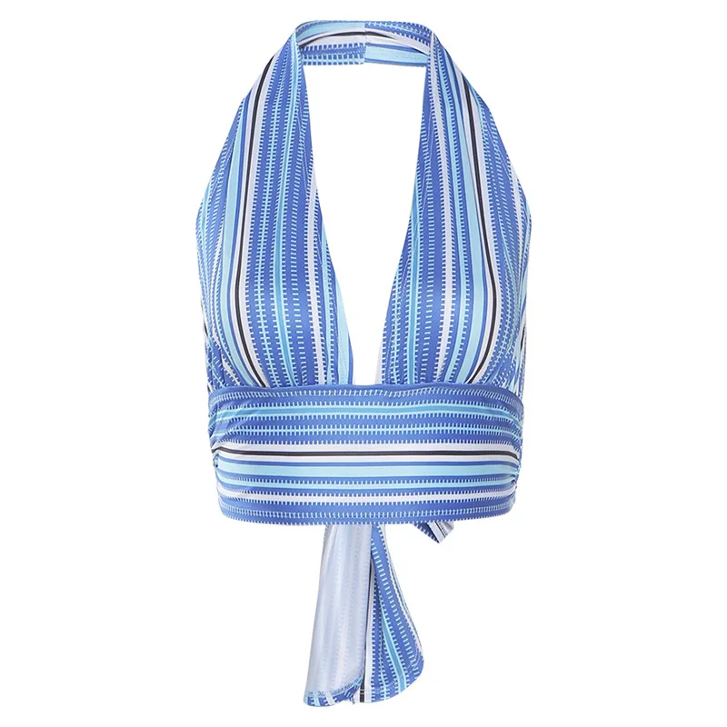 

Backless Halter Crop Top 2021 Summer Beach Sexy Bandage Strapless Striped Print Tank Tops Basic Slim Female Vest