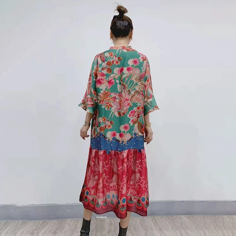 

CHICEVER Bohemian Style Dress For Women O Neck Three Quarter Sleeve Print Hit Color Loose Dress Female 2021 Autumn Clothes Tide
