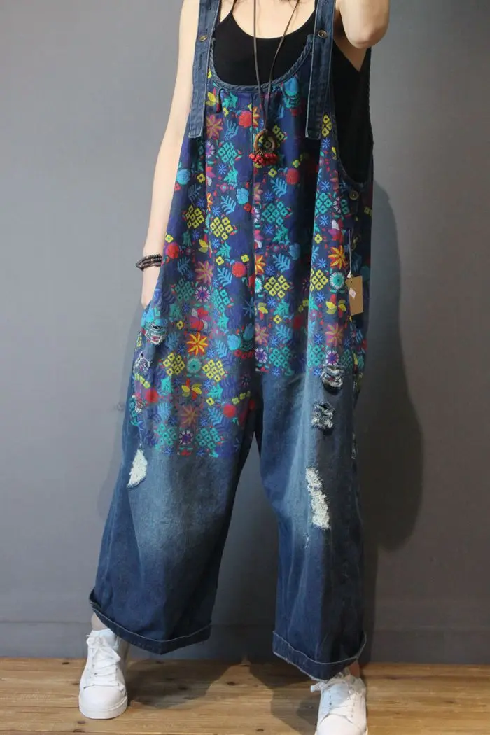 

Women Denim Overalls Print Floral Vintage 2021 Plus Size Casual High Quality Ripped Hole Wide Leg Jumpsuit Ladies Jeans Romper