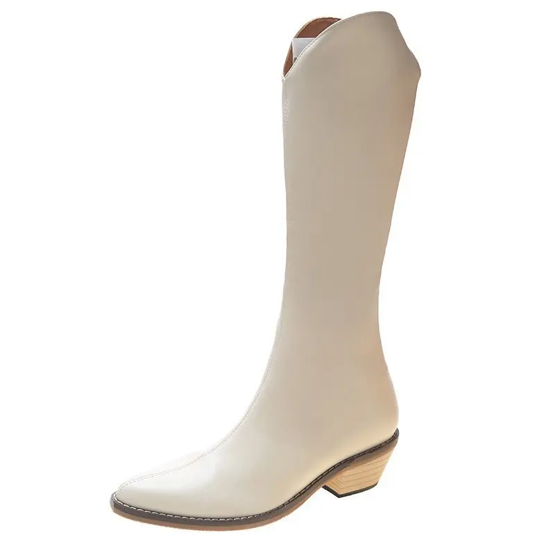 

Winter for woman new fashion beige brown sexy Pointed toe consice Flat Zipper shoes Chunky heels Knee high boots big size 40