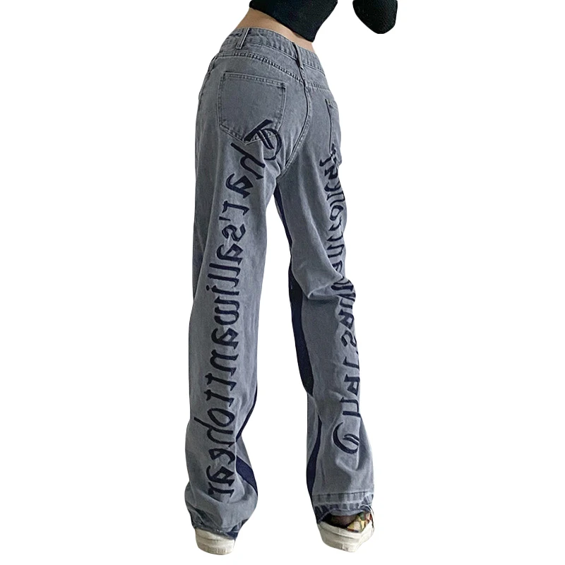 

Women Straight Wide Leg Jeans, High Waist Relaxed Fit Letter Embroidery Denim Pants