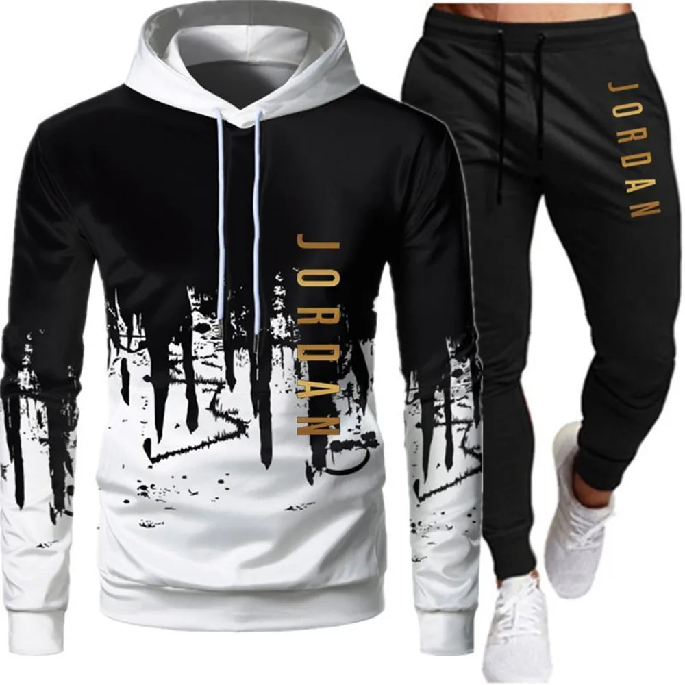 

2 Pieces Sets Tracksuit Men Hooded Sweatshirt+Pants Pullover Letter Printed Sportwear Suit Ropa Hombre Plus Size S-3XL