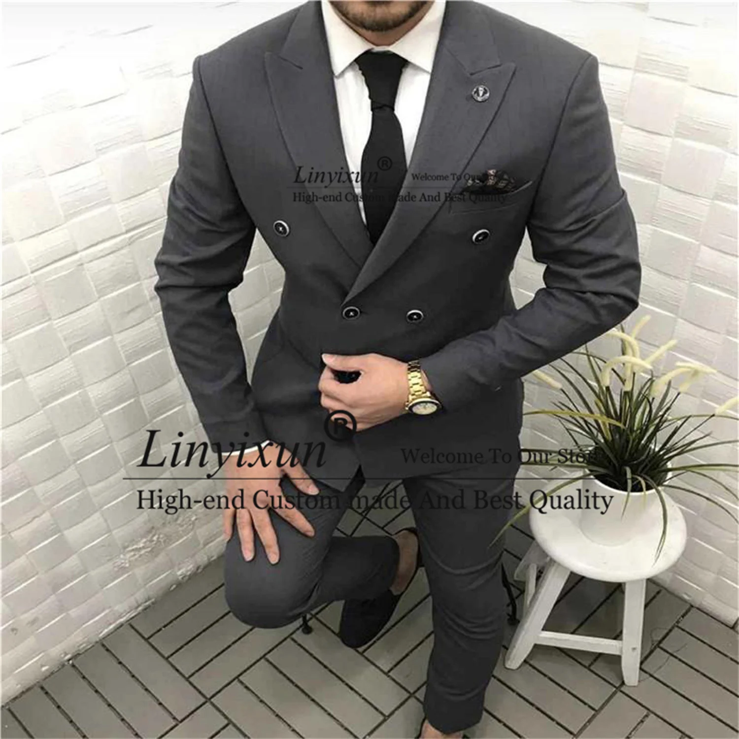 

Gray Slim fit Men Suits Double Breasted Wedding Groom Tuxedos Fashon Man Clothes 3 Piece Set Business Male Blazer+Vest+Pants