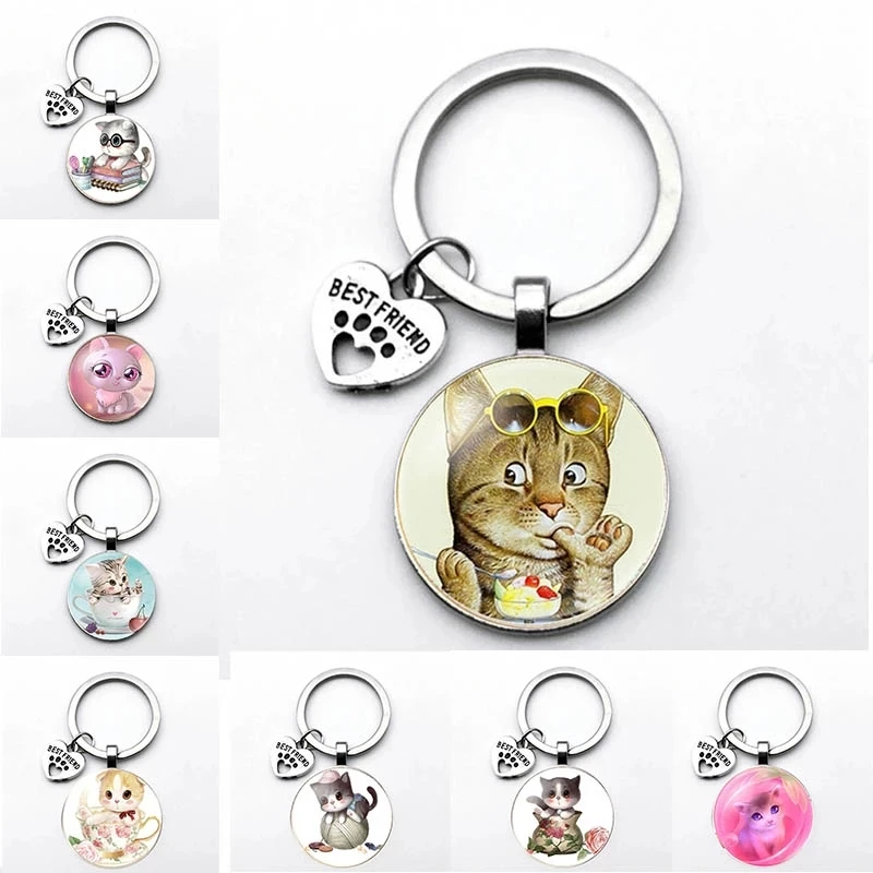 

High Quality Girls Silver Plated Cute Cat Glass Keychain For Women Hot Sale Lovely Kids Cat Keychain Jewelry