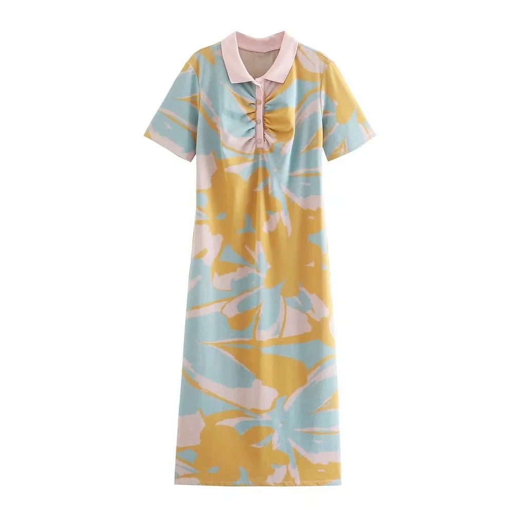 

Women New Personalized Tie Dye Pprinting Polo Collar Short Sleeve Straight Dress Summer Mini Skirts