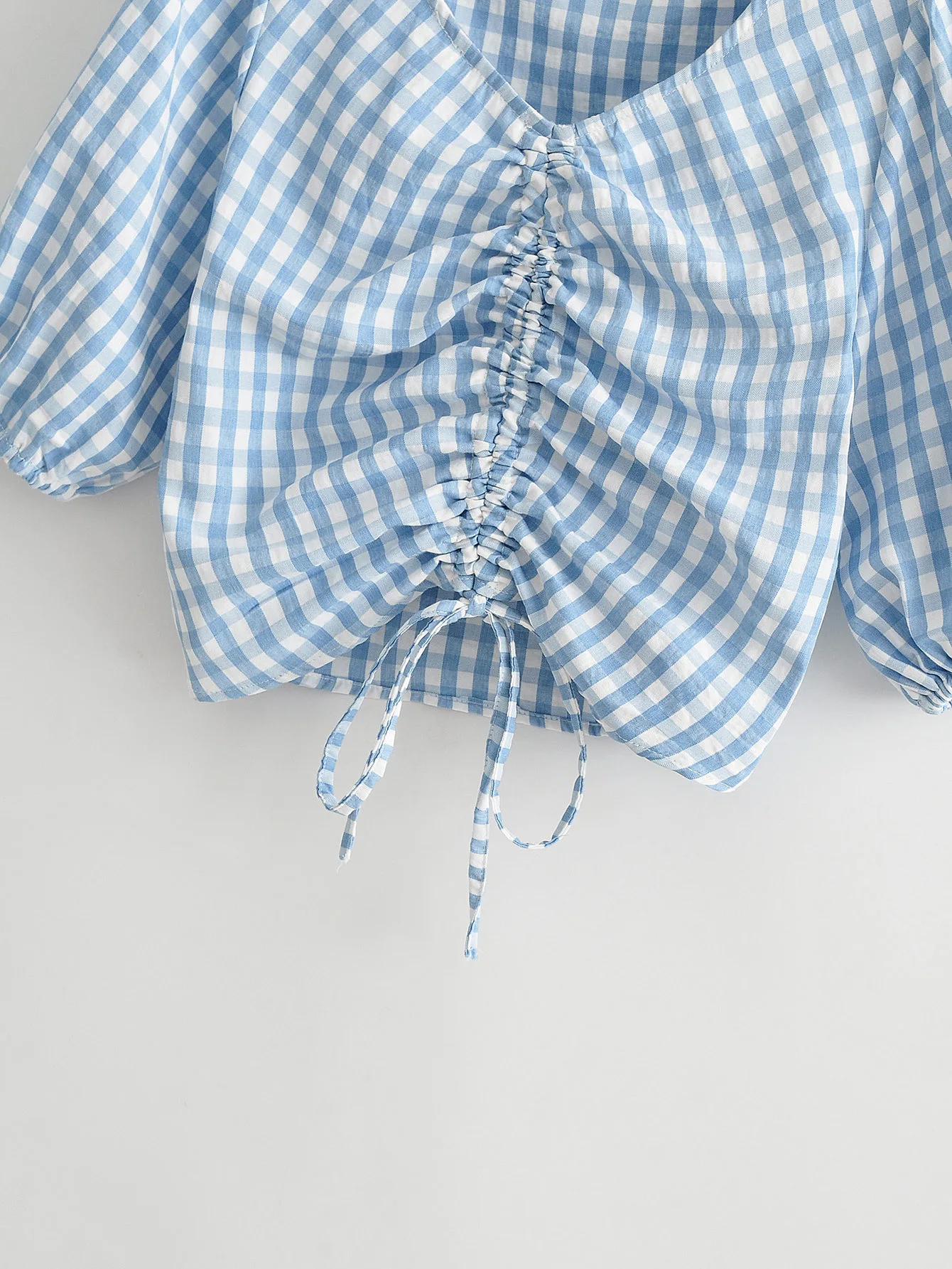 

2020 New Fashion Brand Women Shirt Sexy & Club Puff Sleeve Plaid V-neck Short Broadcloth Cotton,polyester