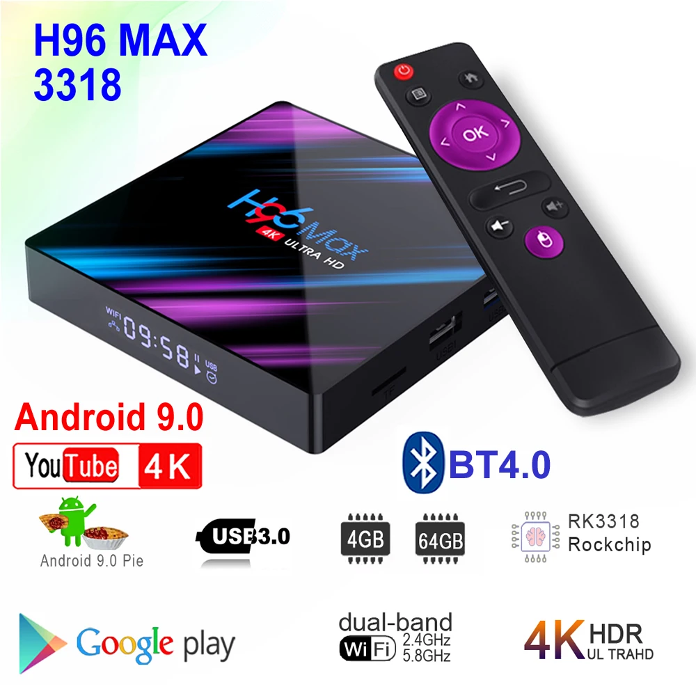 Android 9,0 Smart tv Box H96 MAX 3318 4 Гб ОЗУ 64 Гб ПЗУ Rockchip RK3318 BT4.0 USB3.0 2,4G 5G двойной wifi 3D 4K HDR медиаплеер
