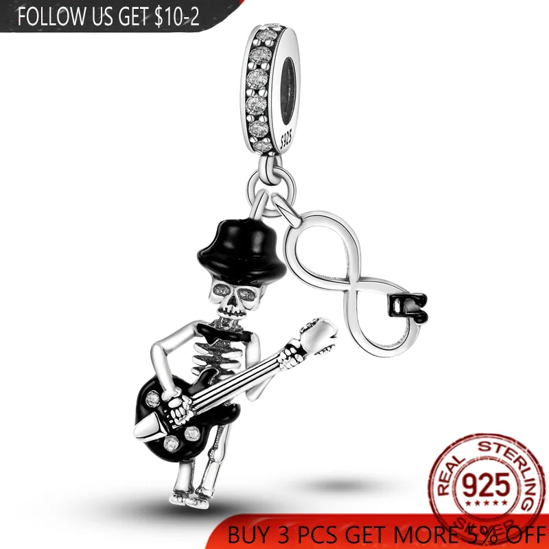 

Hipster Black Skull Playing Guitar 925 Sterling Silver Beads Charms Fit Pandora Bracelet Bangle Making Women DIY Jewellry Gift