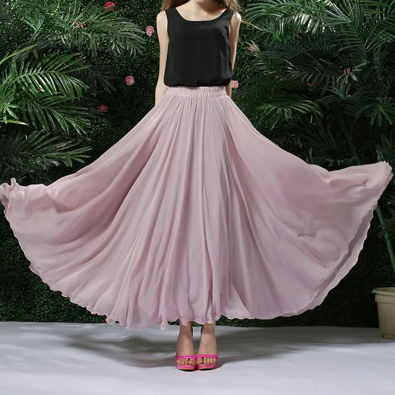 

Womens Boho Style 3 Layer Chiffon Long Skirt Female Elegant High Waist Non-transparent Beach Maxi Skirts Saia 2021 Spring SK121