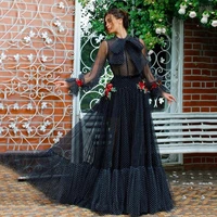 thinyfull dots tulle black prom dress with handmade flowers long sleeve princess evening dress robe de soiree 2021