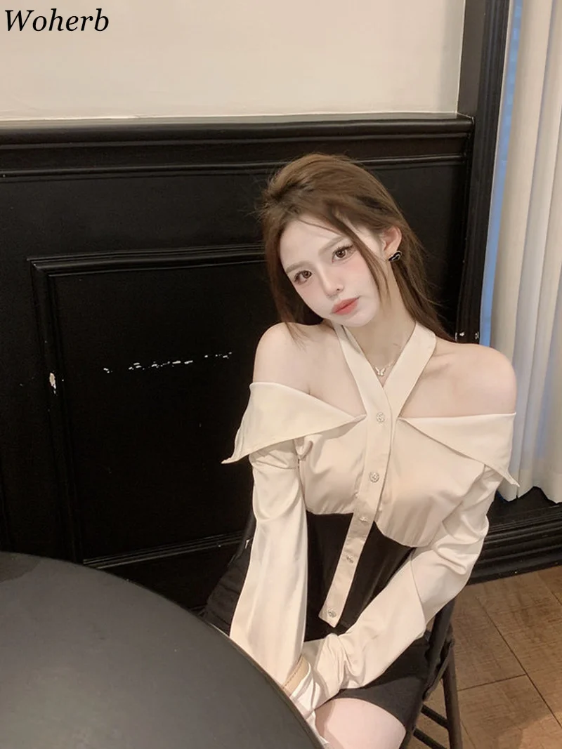 Woherb темпераментные женские рубашки сексуальные блузки с воротником-лодочкой и
