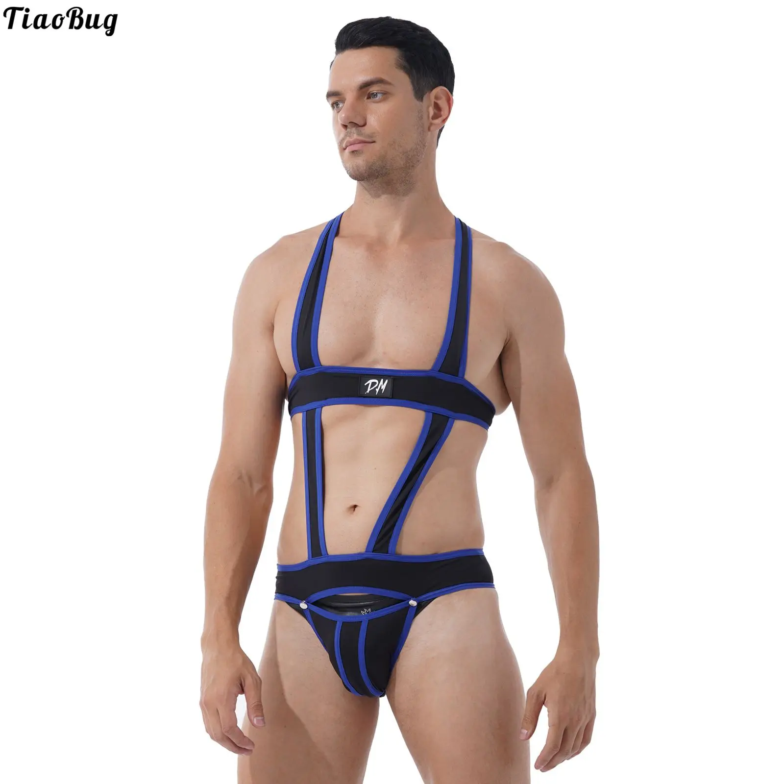 

TiaoBug Men Hollow Out One-Piece Swimming Jockstrap Leotard Wrestling Singlet Contrast Color Bulge Pouch Bodysuit Swimwear