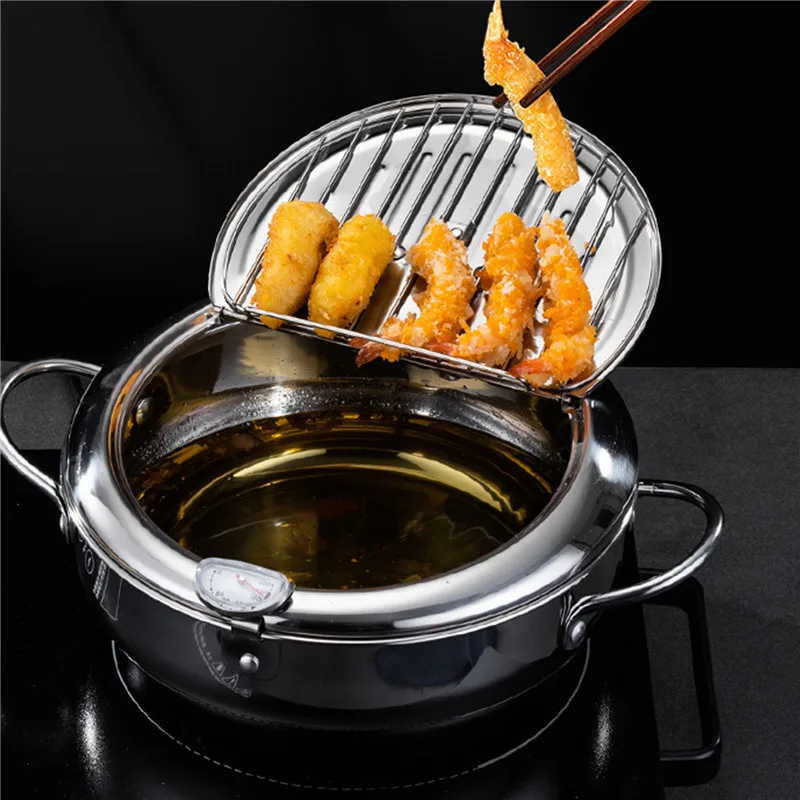 Japanese Deep Frying Pot with a Thermometer and Lid 304 Stainless Steel Kitchen Tempura Fryer Pan | Дом и сад